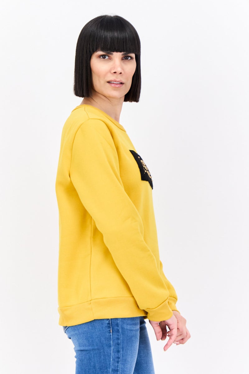 Buzz Women Crew Neck Textured Sweatshirt, Mustard - Image 3